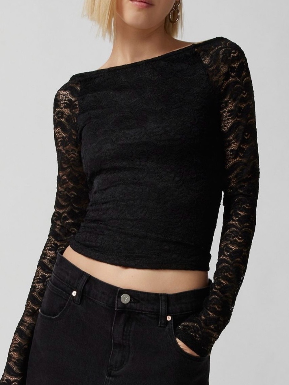 URBAN OUTFITTERS Semi Sheer Lace Long Sleeve Top - Black (L)